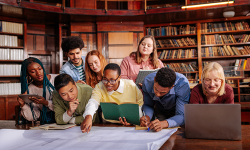 A group of students studying in the library